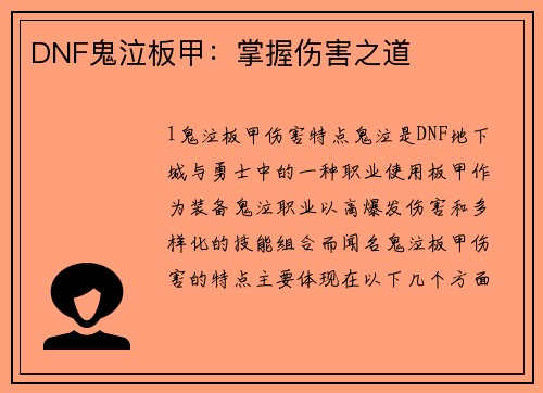 DNF鬼泣板甲：掌握伤害之道